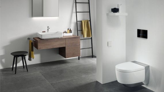 Geberit AquaClean Mera, Betätigungsplatte Sigma70 und Geberit VariForm Waschtisch. ((c) Geberit)