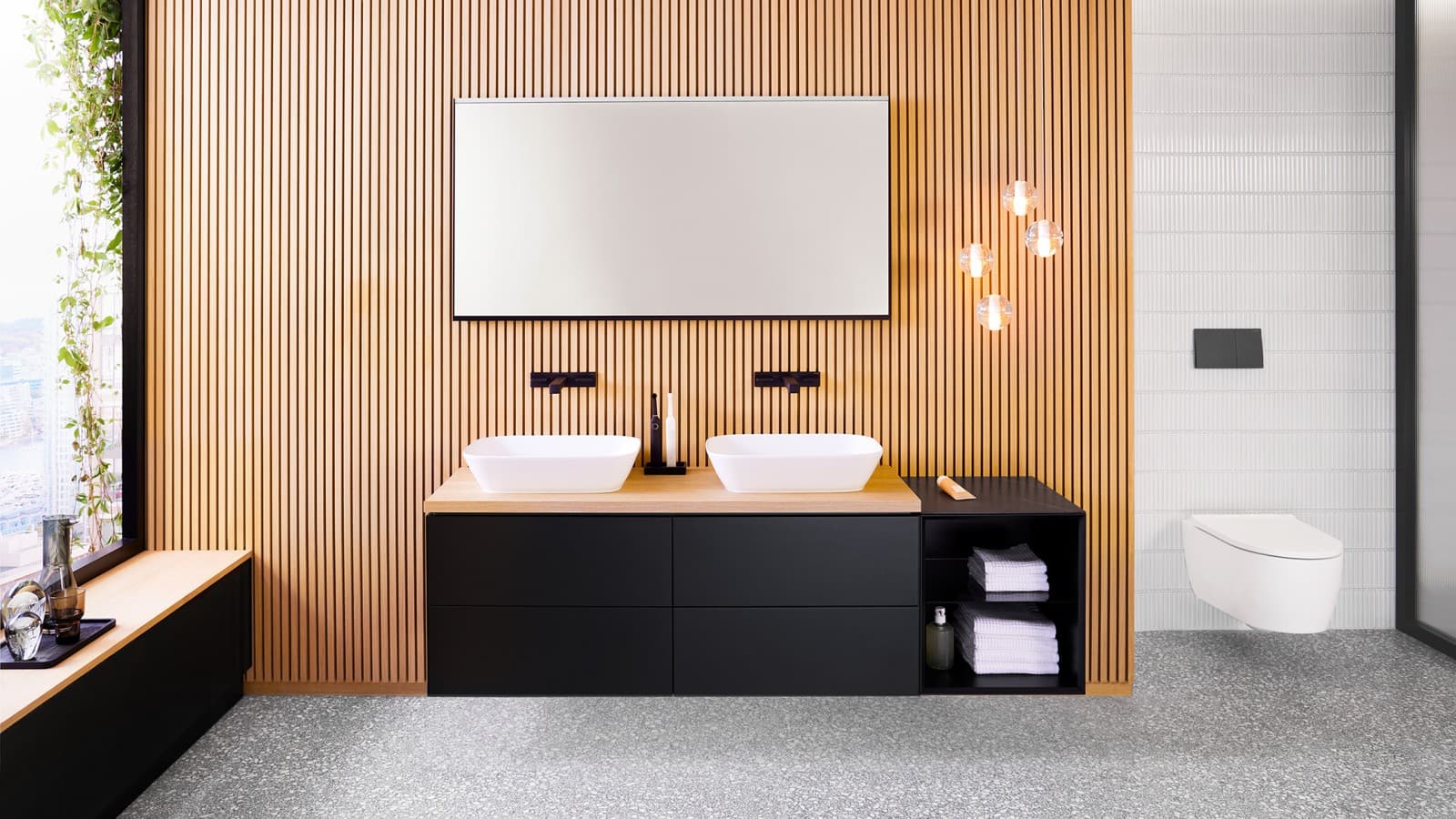 Geberit ONE Bad mit Aufsatzwaschbecken (© Geberit) Geberit ONE Bad mit Aufsatzwaschbecken (© Geberit)